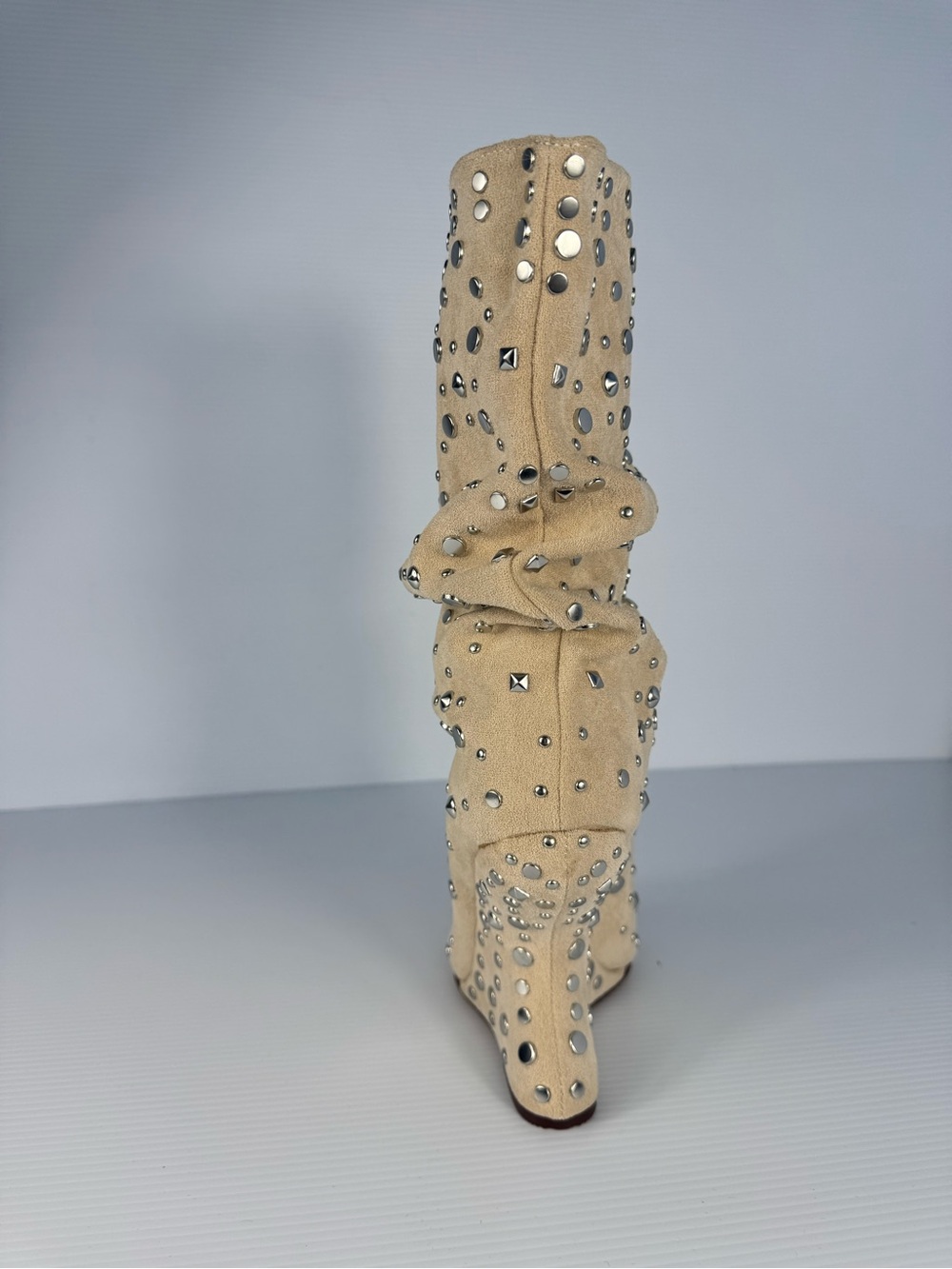 Azalea Wang Naomani Beige Studded Open-Toe Slouch Wedge Boot - Picture 4 of 5
